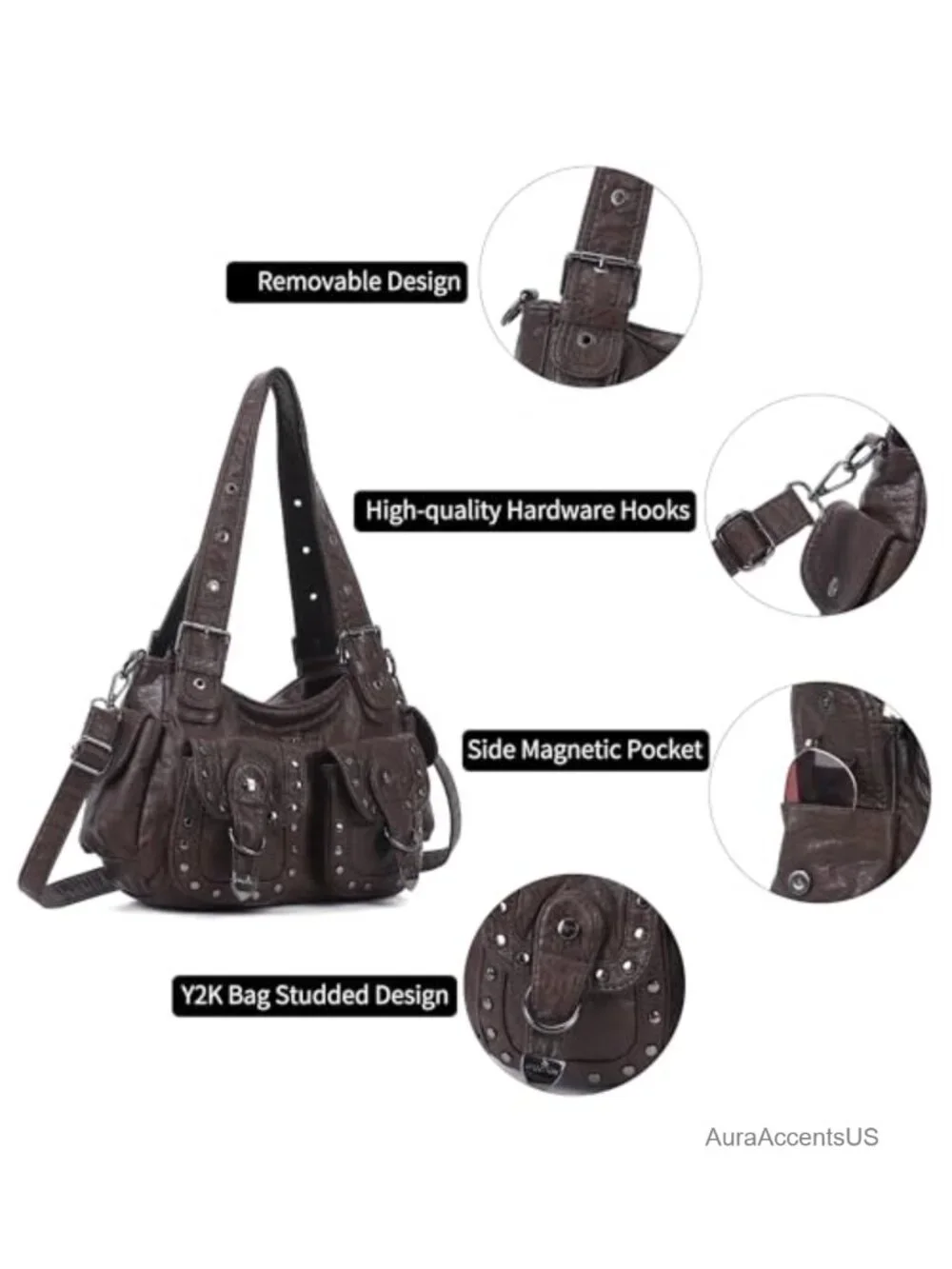 Vegan Leather Hobo Bag Multi Pocket Studded Shoulder Bag Y2K Tote